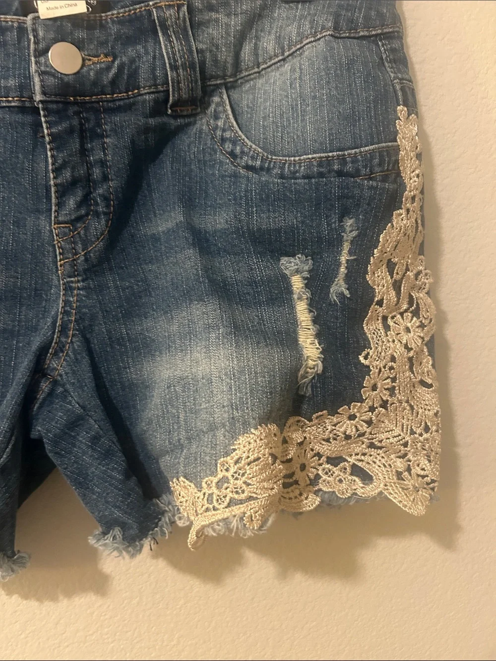 VENUS Dark Blue Denim Shorts with Cream Lace Trim